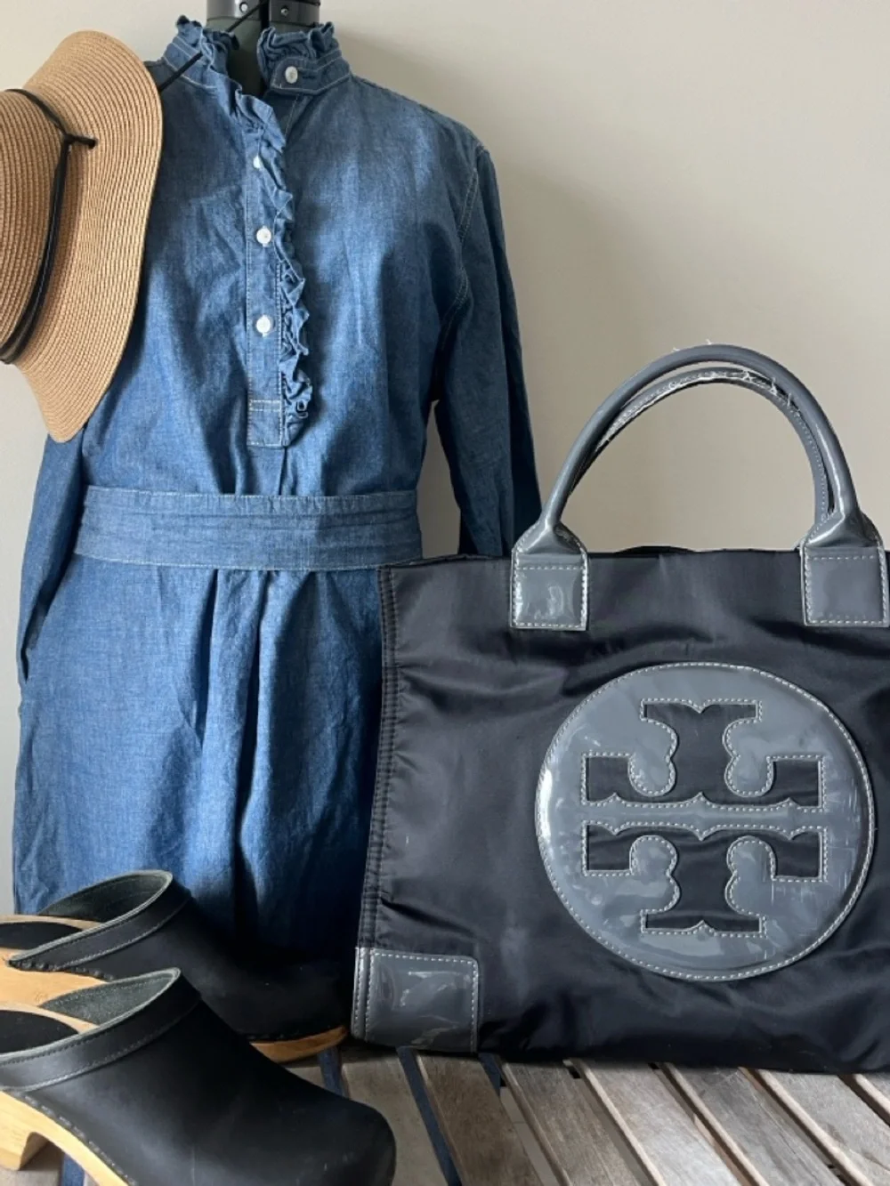 Tory Burch Ella Tote - Large Black Nylon Shoulder Bag with Patent Logo